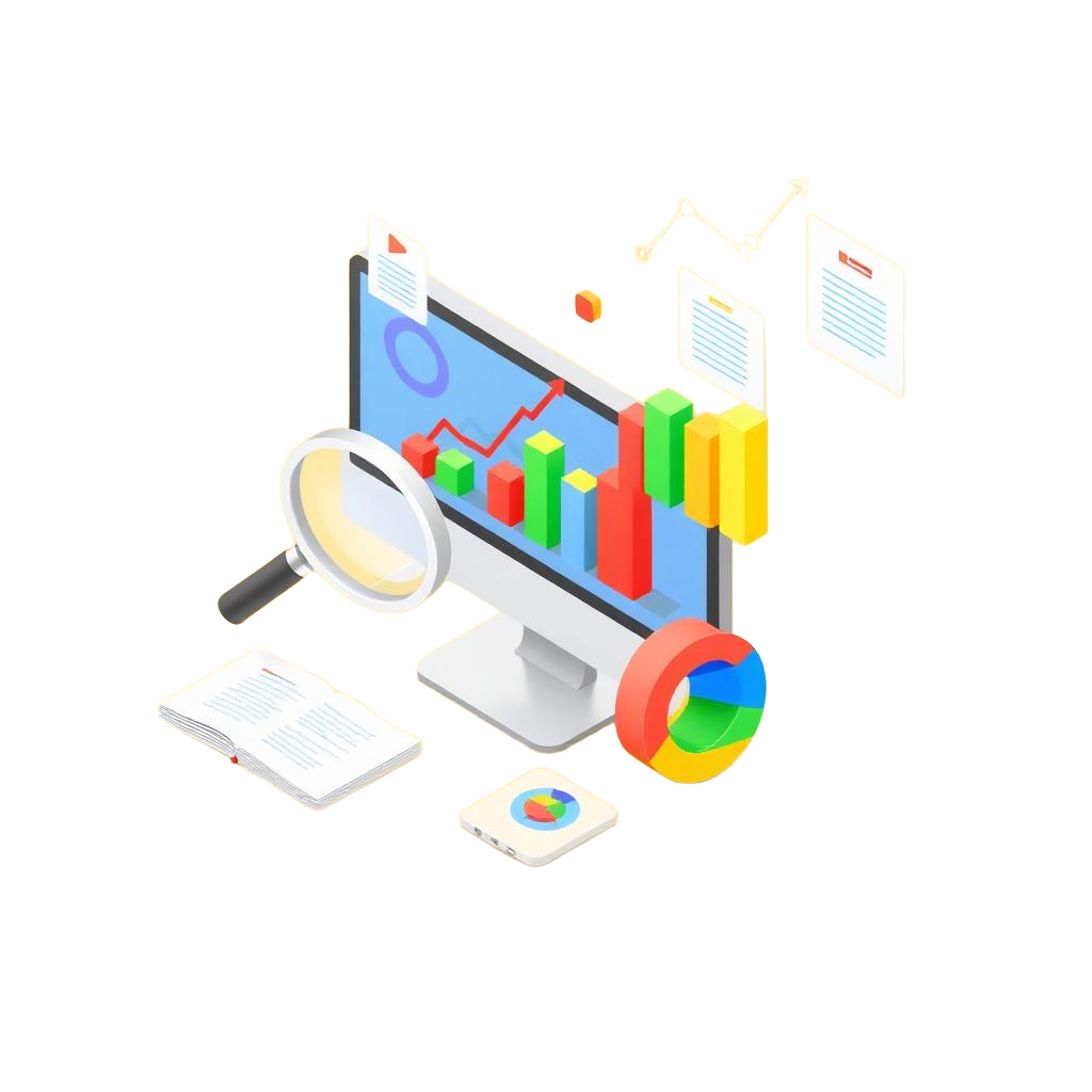 Isometric analytics illustration representing case study breakdowns